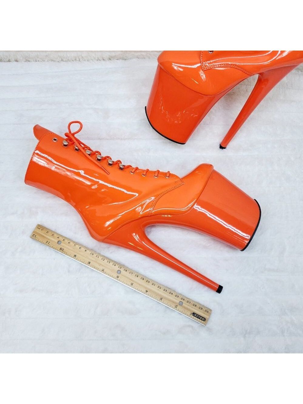 Flamingo Bright Orange Patent Towering 8" High Heel Platform Ankle Boots - Picture 10 of 11